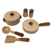 Eco-friendly beech wood crafted kitchen playset, featuring utensils, pot, pan, and salt-pepper shakers, housed in a beautifully designed cardboard case.