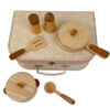 A joyful child engaging with the Deluxe Wooden Play Kitchen Set, exploring culinary creativity with beech wood utensils, pot, and pan by Egmont Toys.