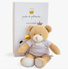 King Bear plush toy in beige, wearing a gold crown and white t-shirt, with stylish polka-dotted feet, symbolizing royal elegance and comfort