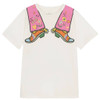 Teen girl wearing Stella McCartney Kids' ivory organic cotton T-shirt featuring a colorful 70s-inspired cowboy boot print.