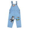 front view of Stella McCartney Kids blue denim overall with colorful cartoon graphics.