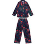Complete look of the Dark Sea pyjama set showcasing revere collar shirt and coordinating trousers.