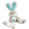 Luxurious bunny with long ears, sea green accents, and fluffy legwarmers, holding a doudou blanket.