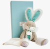 Soft doudou bunny plush in sea green, designed in France, with a comforting small blanket.