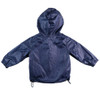 back view of deep blue rain jacket with hoodie from HITCH-HIKER