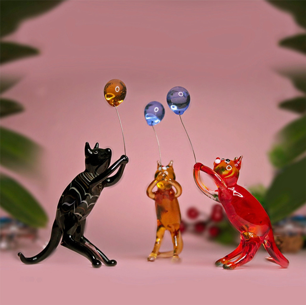 Murano Glass Cats With Balloons Trio