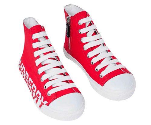 BURBERRY Logo Print Cotton Lace-up High Sneakers In Red for Boys and Girls