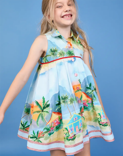 PAN CON CHOCOLATE Tropical Village Print Colorful Open Back Dress for Girls PAN CON CHOCOLATE Tropical Village Print Colorful Open Back Dress for Girls