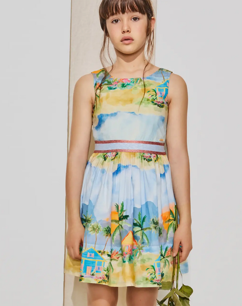 PAN CON CHOCOLATE Tropical Village Print Colorful Open Back Dress with Ribbon Ties PAN CON CHOCOLATE Tropical Village Print Colorful Open Back Dress with Ribbon Ties