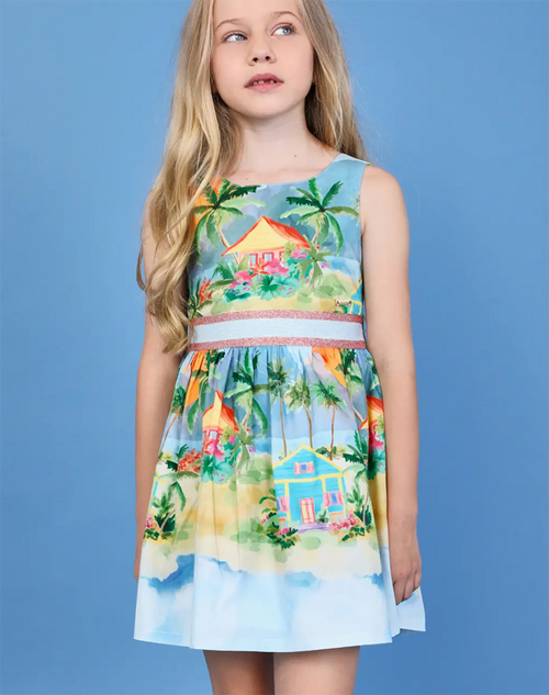 PAN CON CHOCOLATE Tropical Village Print Colorful Open Back Dress with Ribbon Ties PAN CON CHOCOLATE Tropical Village Print Colorful Open Back Dress with Ribbon Ties