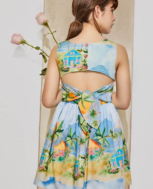 PAN CON CHOCOLATE Tropical Village Print Colorful Open Back Dress with Ribbon Ties PAN CON CHOCOLATE Tropical Village Print Colorful Open Back Dress with Ribbon Ties