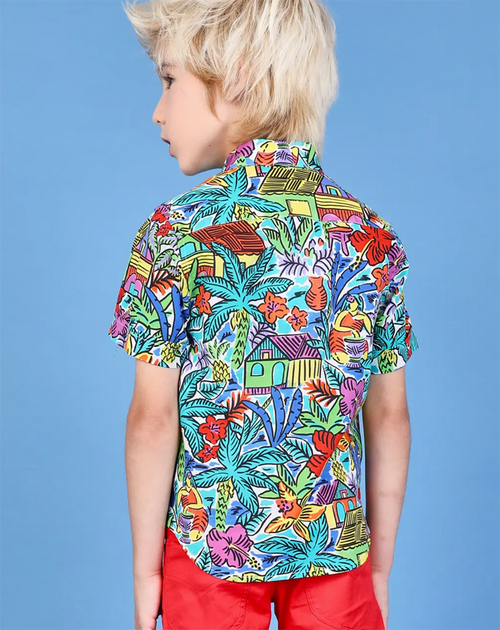 PAN CON CHOCOLATE Boys Blue Floral Cotton Shirt PAN CON CHOCOLATE Boys Blue Floral Cotton Shirt