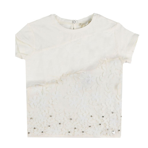 front view  of Miss Grant White/Egg-shell T-shirt for girls with little sparkling stars, Flowers and Pearls