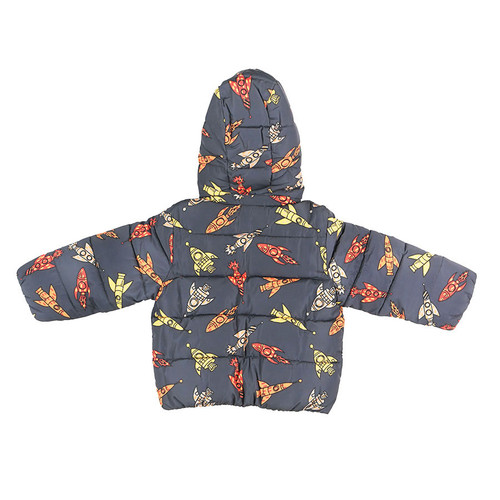 back view of stella mccartney kids Puffer autumn/winter jacket with hoodie. Base color is dark grey with colorful rocket drawings on it.