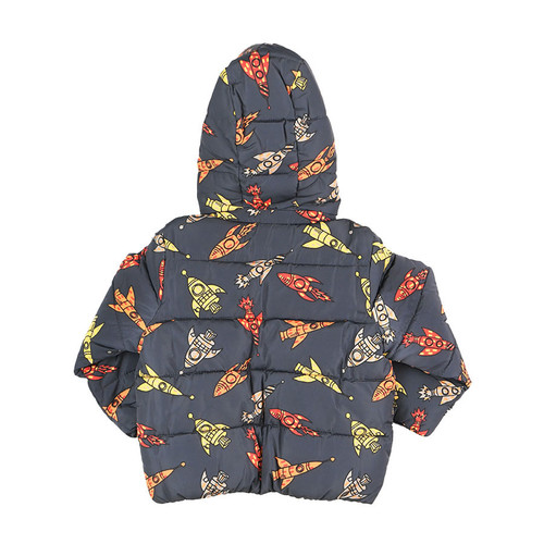 back view of stella mccartney kids Puffer autumn/winter jacket with hoodie. Base color is dark grey with colorful rocket drawings on it.