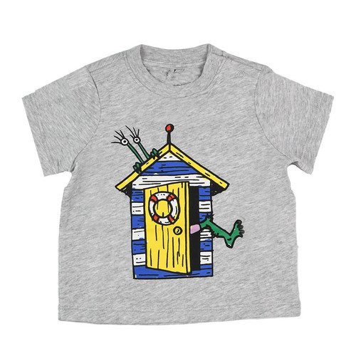 front view of stella mccartney kids Grey short sleeve T-shirt with little monster that wants to get out from the house.