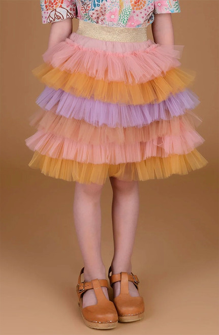"Close-up view of the soft tulle layers and velvet trim of the Enchanted Rainbow - Classic Voluminous Tulle Skirt." "Close-up view of the soft tulle layers and velvet trim of the Enchanted Rainbow - Classic Voluminous Tulle Skirt."
