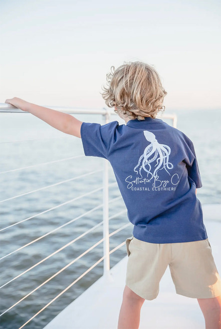 An exciting 100% cotton tee with a vibrant octopus design sprawling across the back, perfect for young oceanic explorers. An exciting 100% cotton tee with a vibrant octopus design sprawling across the back, perfect for young oceanic explorers.