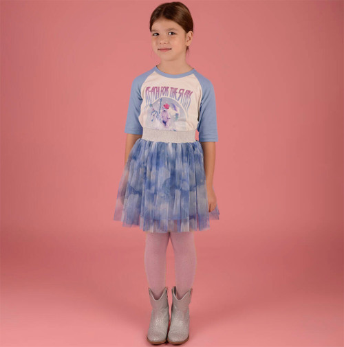 Close-up of "Reach for the Stars" slogan on RaspberryPlum girls T-shirt.