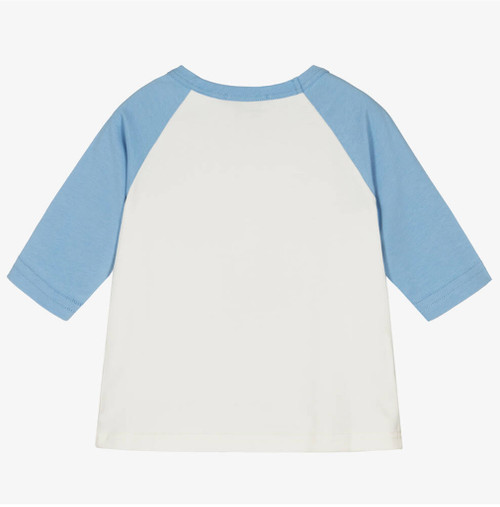 Girl's retro-styled T-shirt with pale blue raglan sleeves by RaspberryPlum.