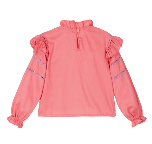 Back view of the coral pink blouse with single button fastening. Back view of the coral pink blouse with single button fastening.