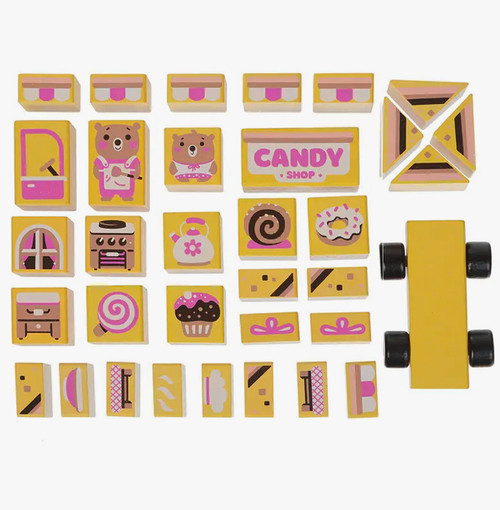 Eco-friendly wooden blocks shaped like a candy store Eco-friendly wooden blocks shaped like a candy store