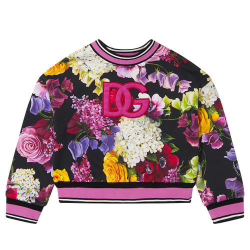 D&G floral print logo sweatshirt, showcasing the bold white logo and elegant black design adorned with flowers.
