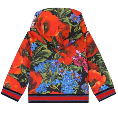 Close-up of the hoodie's full zip-up front, showcasing the ease of wear and the intricate floral pattern against the black color