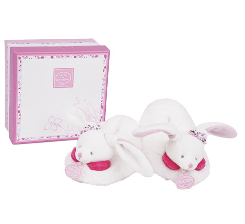 Baby’s first slippers with adorable bunny design and soft rattle feature, for 0-6 months.