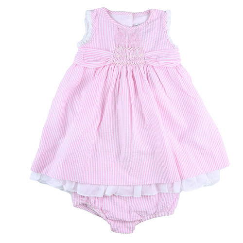front view of adorable pink candy stripped 2-piece dress from Ralph Lauren