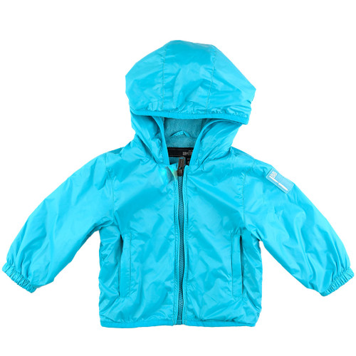 turquoise rain jacket