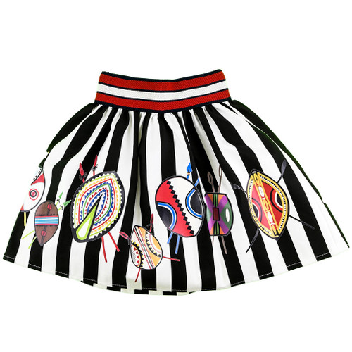 front view of girls' striped African Warrior Shilds Skirt from STELLA JEAN KIDS