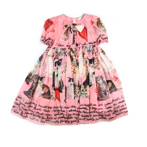 front of girl fashion "Aristo-cats" Silk Pink Dress for Girls from DOLCE & GABBANA, chiffon, bow-detailed, multicolor pattern, round collar, short sleeves, zip, rear closure, fully lined, 2-piece set,
