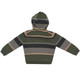 Back view of Dolce & Gabanna Olive Striped 100% Cashmere Cardigan, Mixing earth tones of grey and military green. Front zip closing sweater jacket with hood.