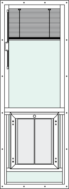 In-Glass pet door with Signature 2466 Trim Kit, center placement, rise, and blinds features