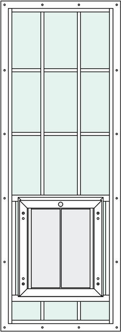 In-Glass pet door with Signature 2466 Trim Kit, center placement, rise, and grids features