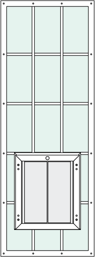 In-Glass pet door with Custom 2466 Trim Kit, center placement, rise, and grids features