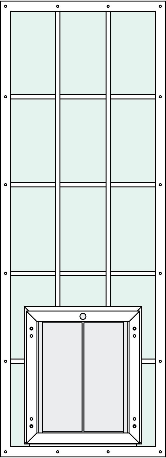 In-Glass pet door with Custom 2466 Trim Kit, center placement, and grids feature