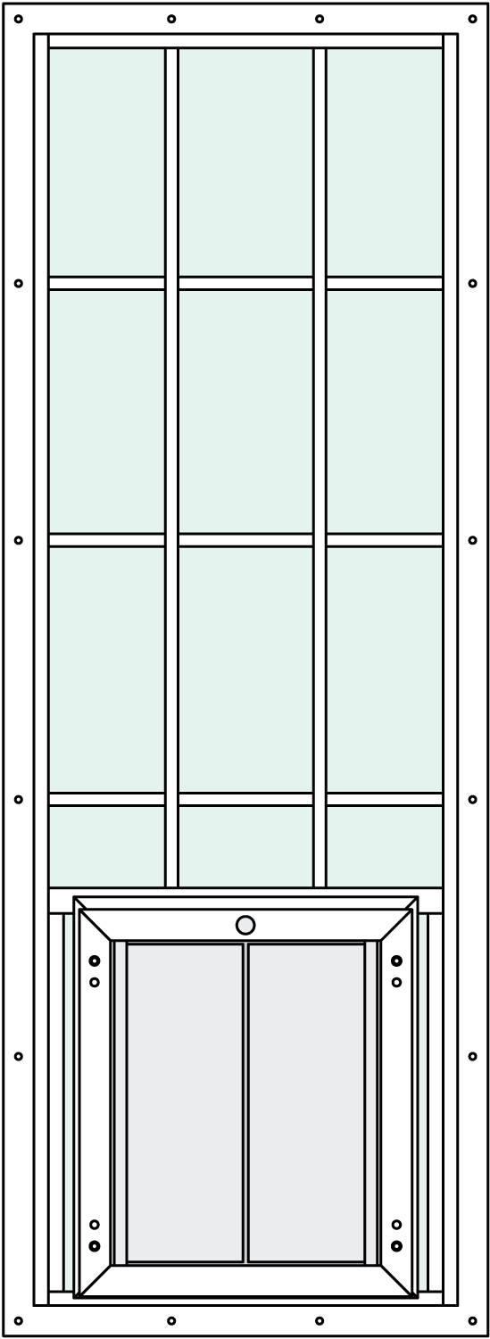 In-Glass pet door with Signature 2466 Trim Kit, center placement, and grids feature