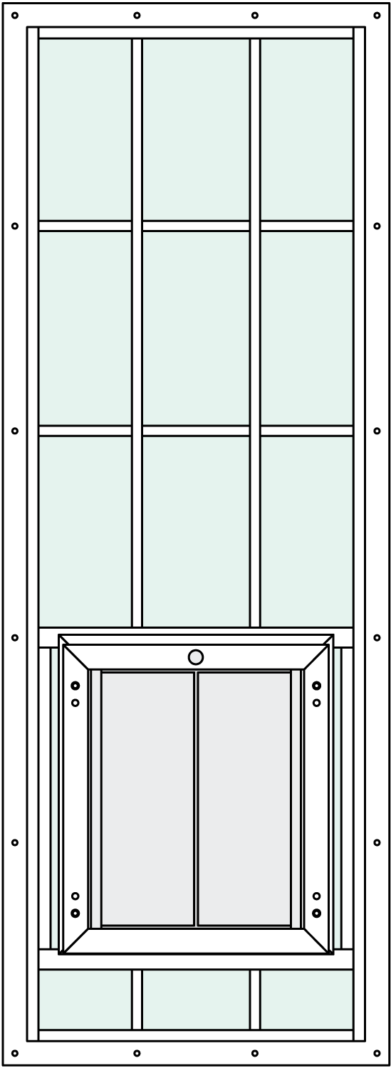 In-Glass pet door with Signature 2466 Trim Kit, center placement, rise, and grids features