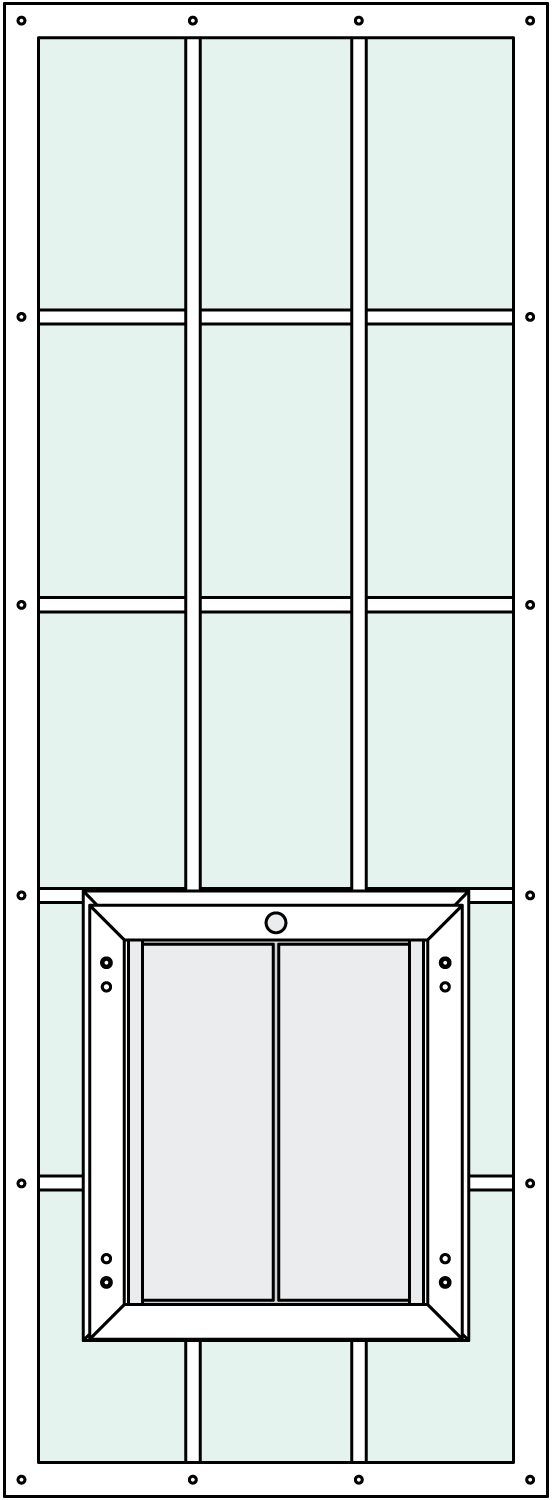 In-Glass pet door with Custom 2466 Trim Kit, center placement, rise, and grids features