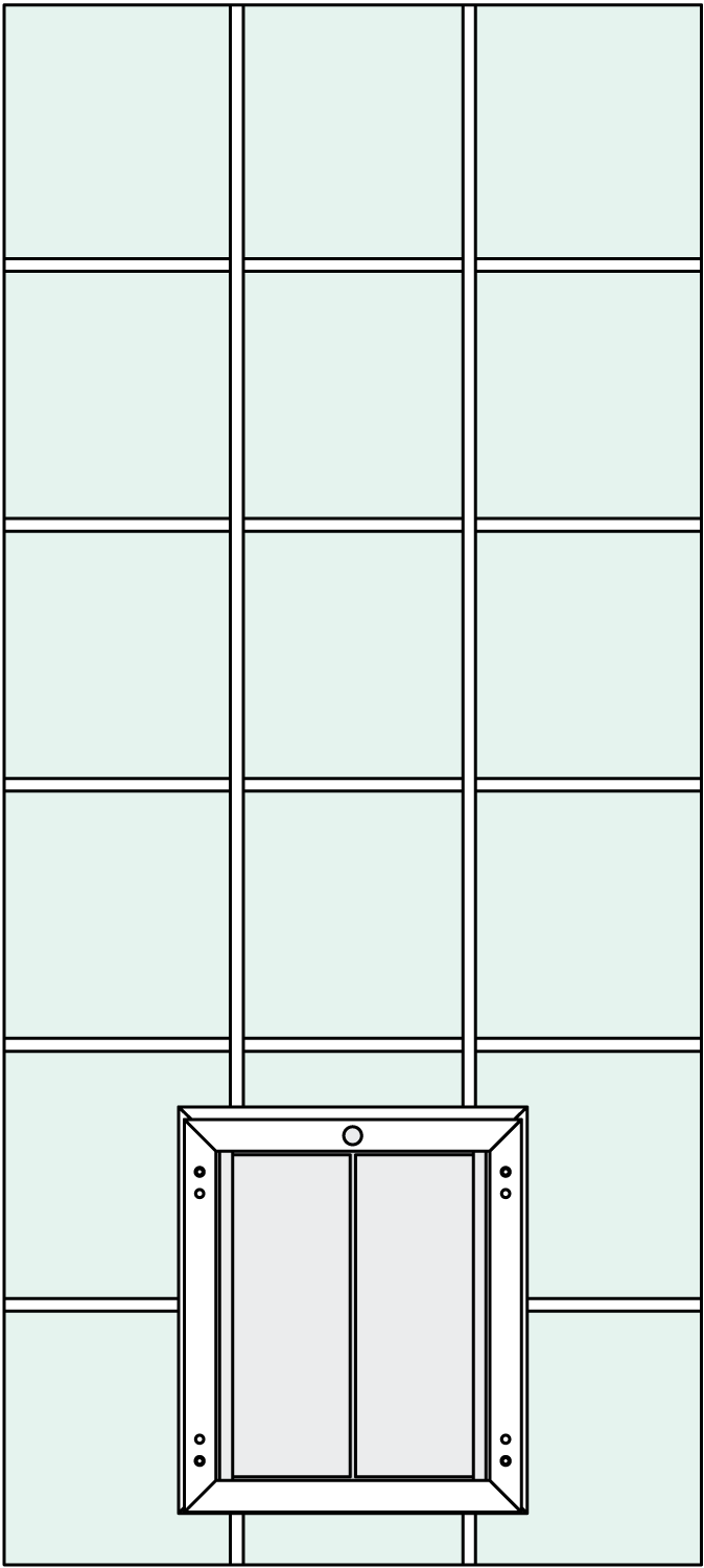 Custom In-Glass pet door with center placement, rise, and grids features