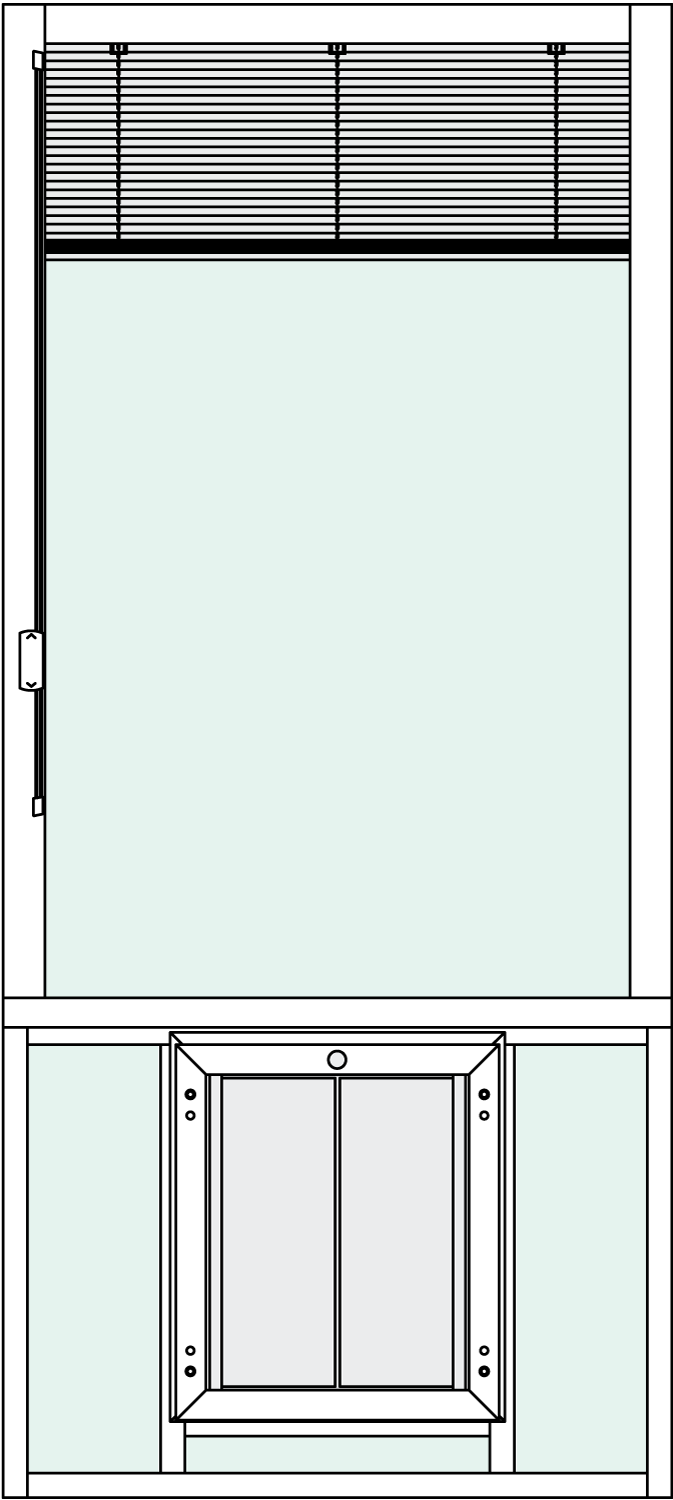 Signature In-Glass pet door with center placement, rise, and blinds features