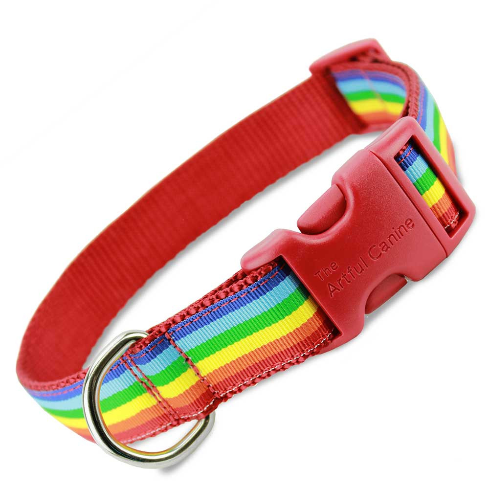 Rainbow Martingale Dog Collar on red nylon, Gay Pride Martingale Collar