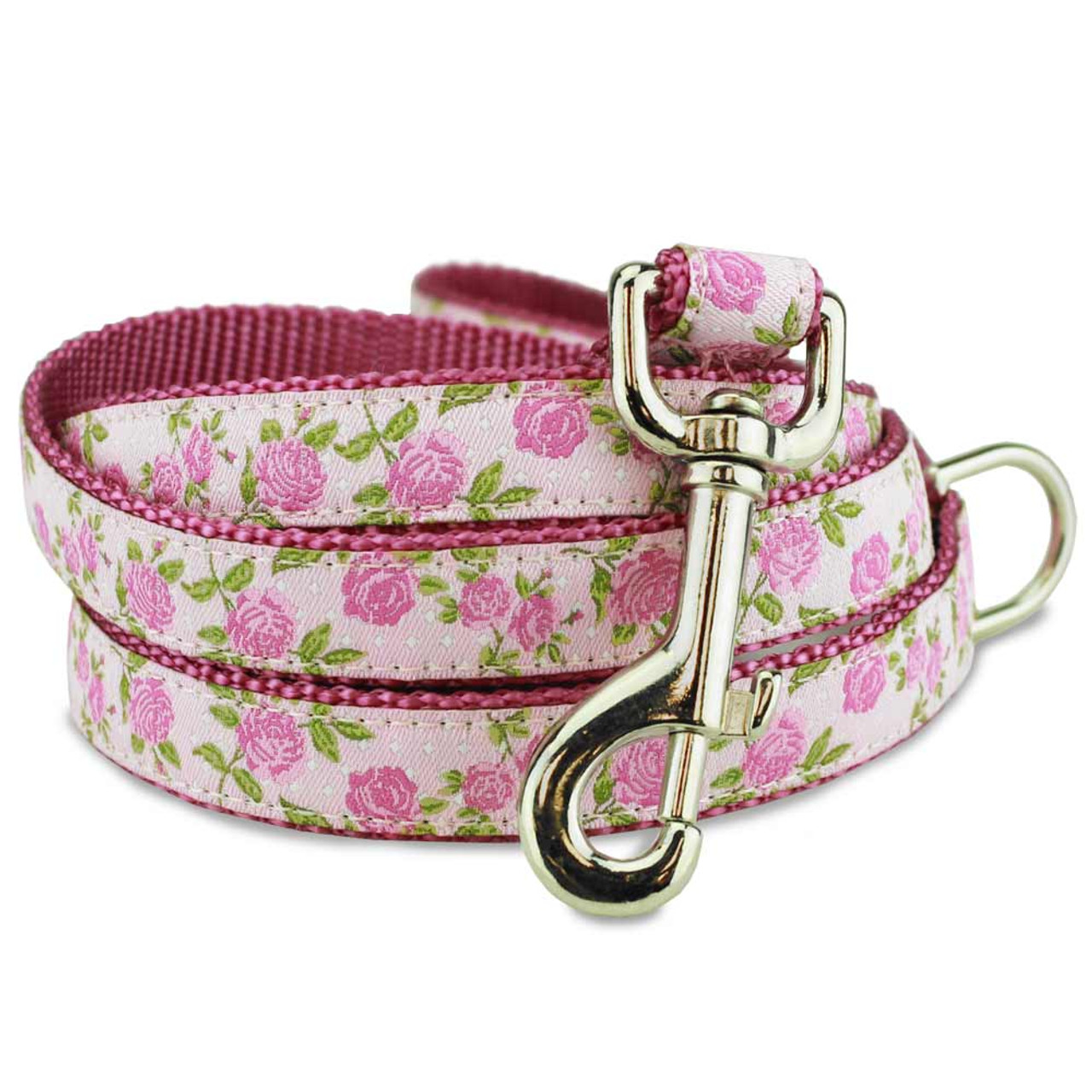 Pink Floral Dog Leash, Roses on Swiss Dots, Pink dog Lead with Flowers