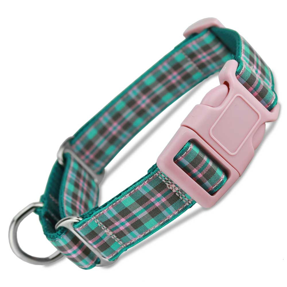 Plaid Buckle Martingale dog Collar, Teal & Pink, Training Dog Collar, Safety Collar