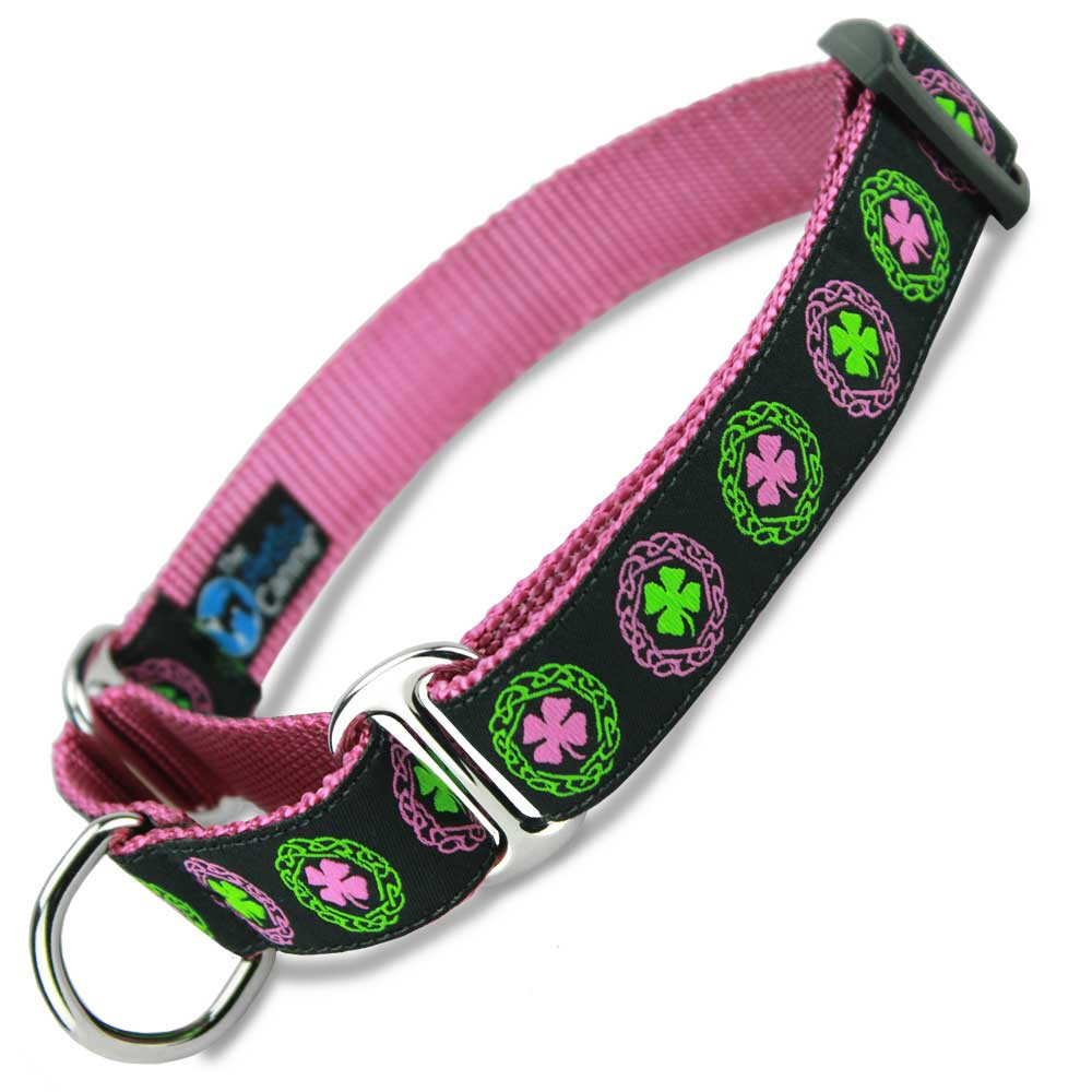 Irish Martingale Dog Collar, Celtic Knots and Pink Clover, Nylon