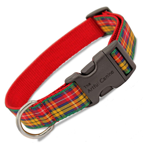 Plaid Dog Collar, Buchanan Tartan, Quick Release Snap On Style Buckle, Black & White, Adjustable
