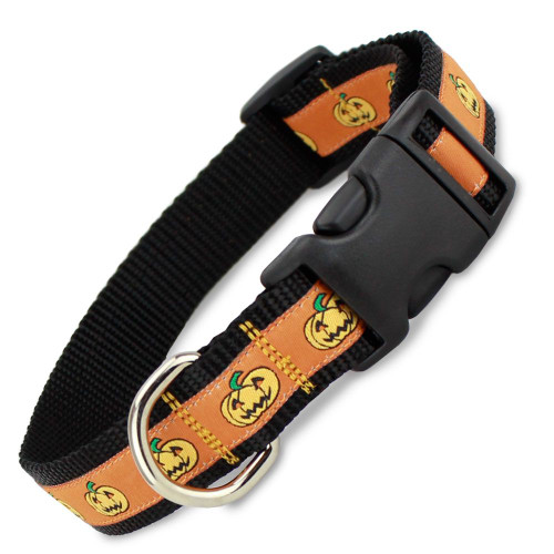 Orange Halloween Dog Collar, Quick Release Snap On Style Buckle, Jack-o-Lanterns, Adjustable