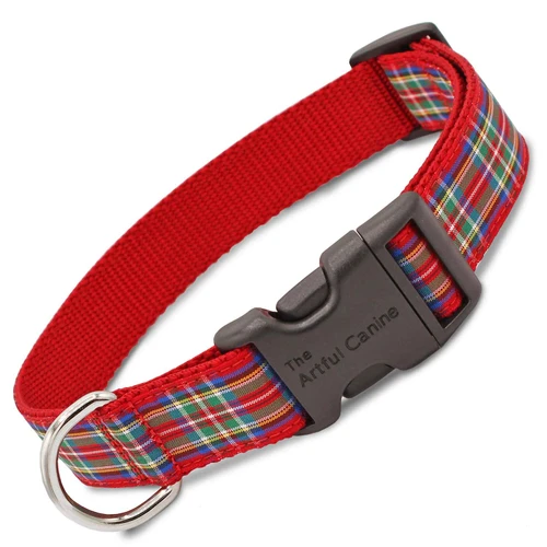Scottish Plaid Dog Collar, Red Royal Stewart Tartan, Standard flat collar, Snap On Style Buckle